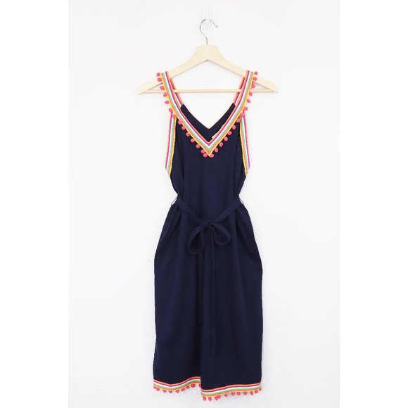 NWT Boden Pom Pom Trim Jersey V-Neck Dress Sleeveless Woven Stripe Navy Marine 8 - Picture 4 of 9